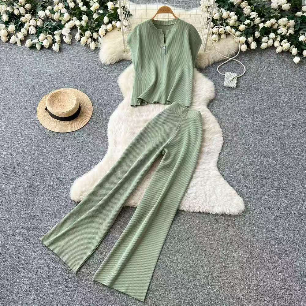 Korean chic summer outfit retro contrasting color lapel sleeveless knitted top+high waist slimming wide leg pants two-piece set