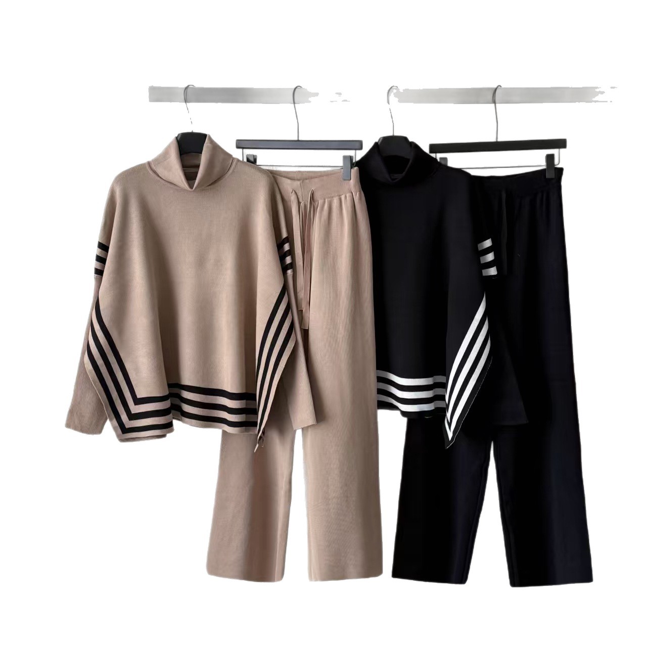 Cross border commuting leisure two-piece knitted suit for women in spring and autumn, slim and high necked striped top, wide leg pants two-piece set Cross border commuting leisure two-piece knitted suit for women in spring and autumn, slim and high necked striped top, wide leg pants two-piece set