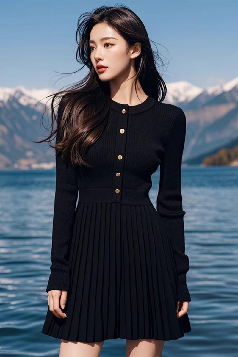 Hepburn style black sweater knitted dress for children's autumn and winter 2024 new unique and exquisite high-end set