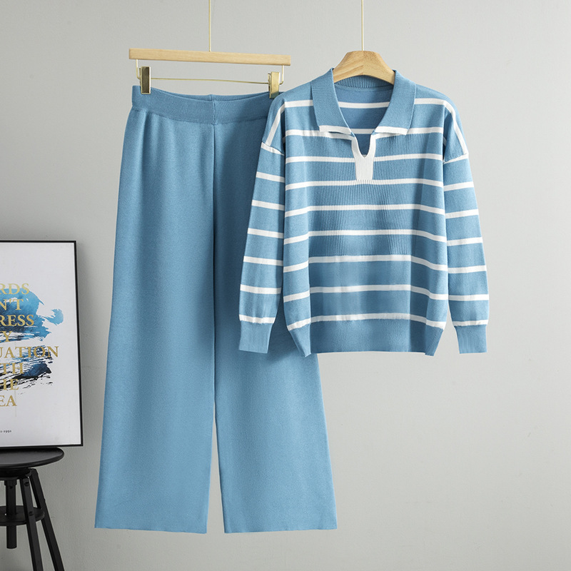 Cross border foreign trade contrasting striped V-neck niche design knitted sweater high waist wide leg pants two-piece set elegant temperament for women Cross border foreign trade contrasting striped V-neck niche design knitted sweater high waist wide leg pants two-piece set elegant temperament for women