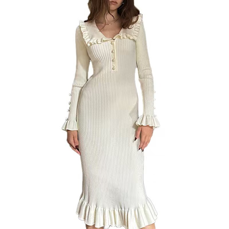 Lotus leaf edge dress knitted skirt autumn and winter new woolen dress 2023 retro lady European and American cross-border French skirt for women Lotus leaf edge dress knitted skirt autumn and winter new woolen dress 2023 retro lady European and American cross-border French skirt for women
