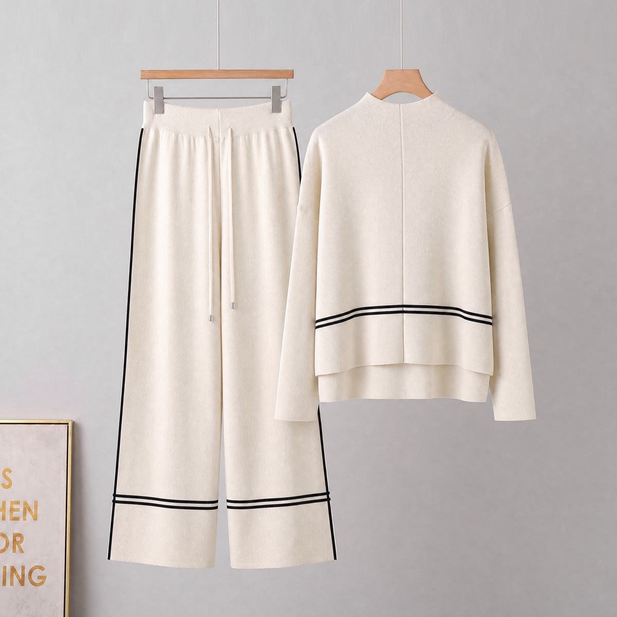 Cross border foreign trade European and American women's set, autumn and winter knitted two-piece set, women's splicing design, European and American style, fashionable and versatile