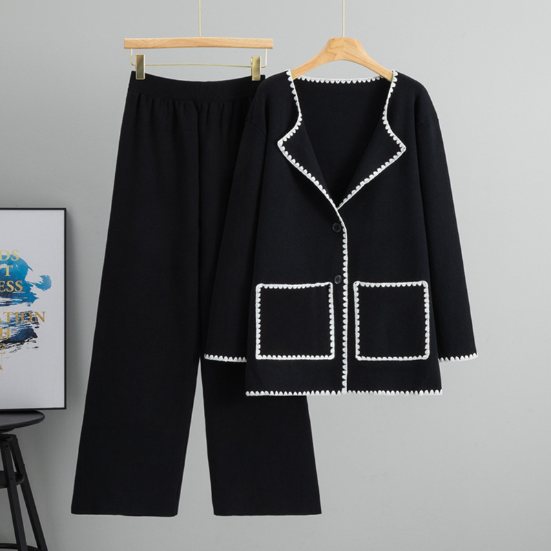 Cross border foreign trade temperament design sense contrasting striped knitted cardigan mid length jacket women's western-style loose wide leg pants Cross border foreign trade temperament design sense contrasting striped knitted cardigan mid length jacket women's western-style loose wide leg pants