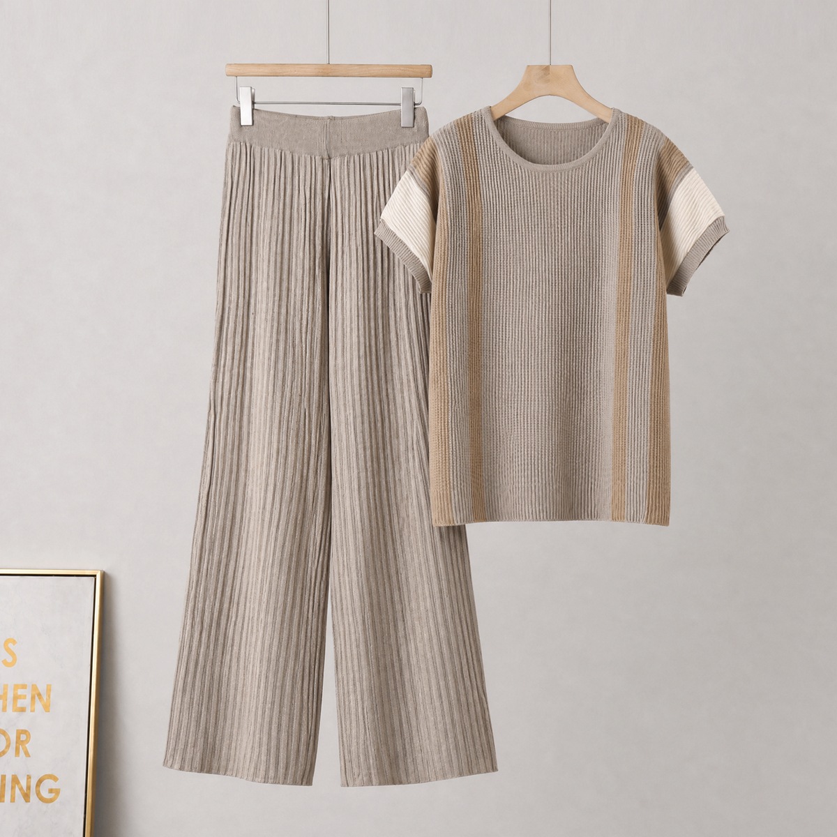 2026 European and American Cross border New Folded Color blocked Loose Fashion Casual T-shirt Long Wide Leg Pants Knitted Set 2026 European and American Cross border New Folded Color blocked Loose Fashion Casual T-shirt Long Wide Leg Pants Knitted Set