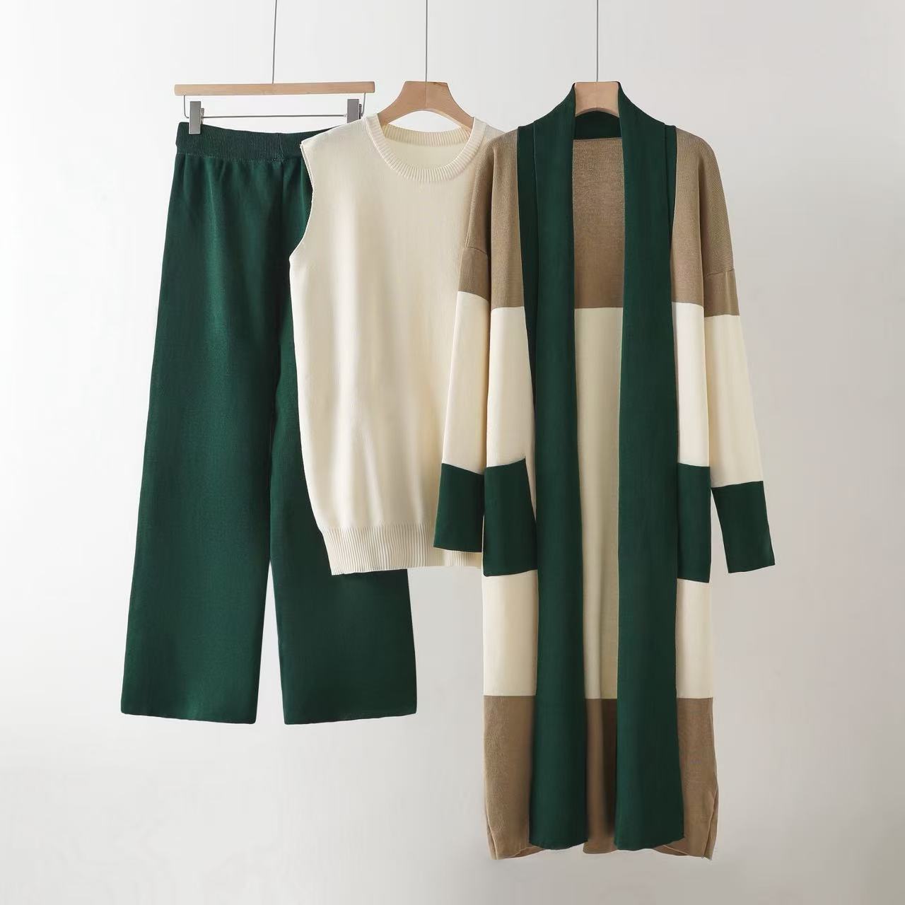Cross border European and American style casual sweater set, women's autumn and winter retro knitted cardigan jacket, wide leg pants three piece set