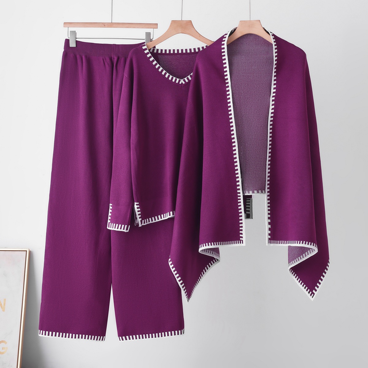 Cross border Knitted Fashion Set Women's Autumn/Winter Casual Fashion Shawl V-neck Sweater Casual Wide Leg Pants 3-Piece Set Trendy