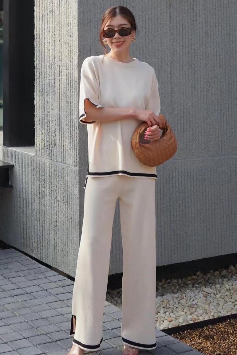 Retro lazy style contrasting color knitted suit women's loose and versatile round neck top, high waist slimming pants two-piece set trendy Retro lazy style contrasting color knitted suit women's loose and versatile round neck top, high waist slimming pants two-piece set trendy