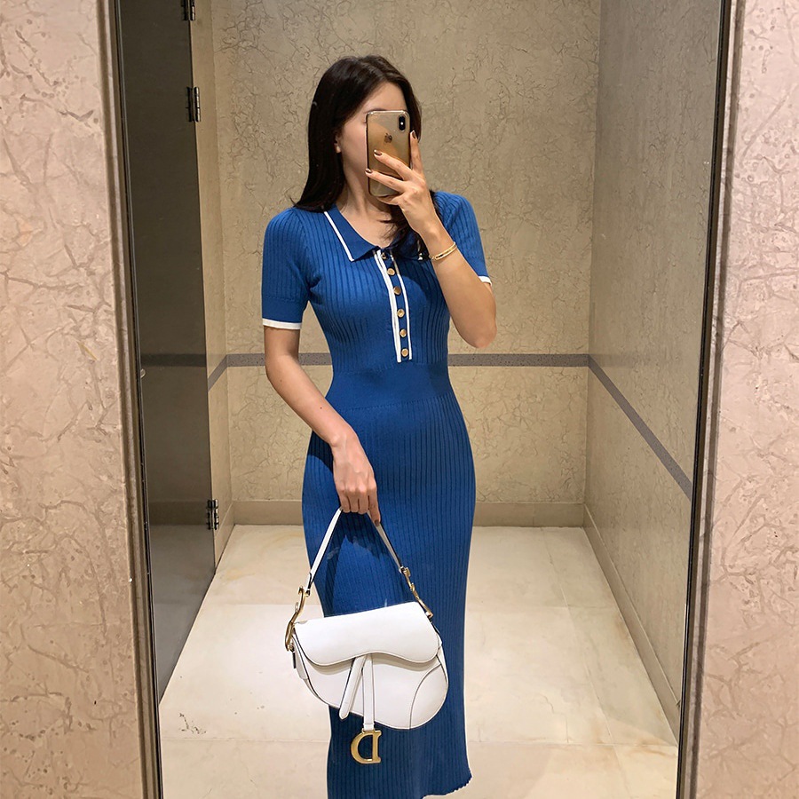 Korean style chic retro pure desire style POLO collar elastic slim fit slimming contrasting color short sleeved knitted hip hugging dress