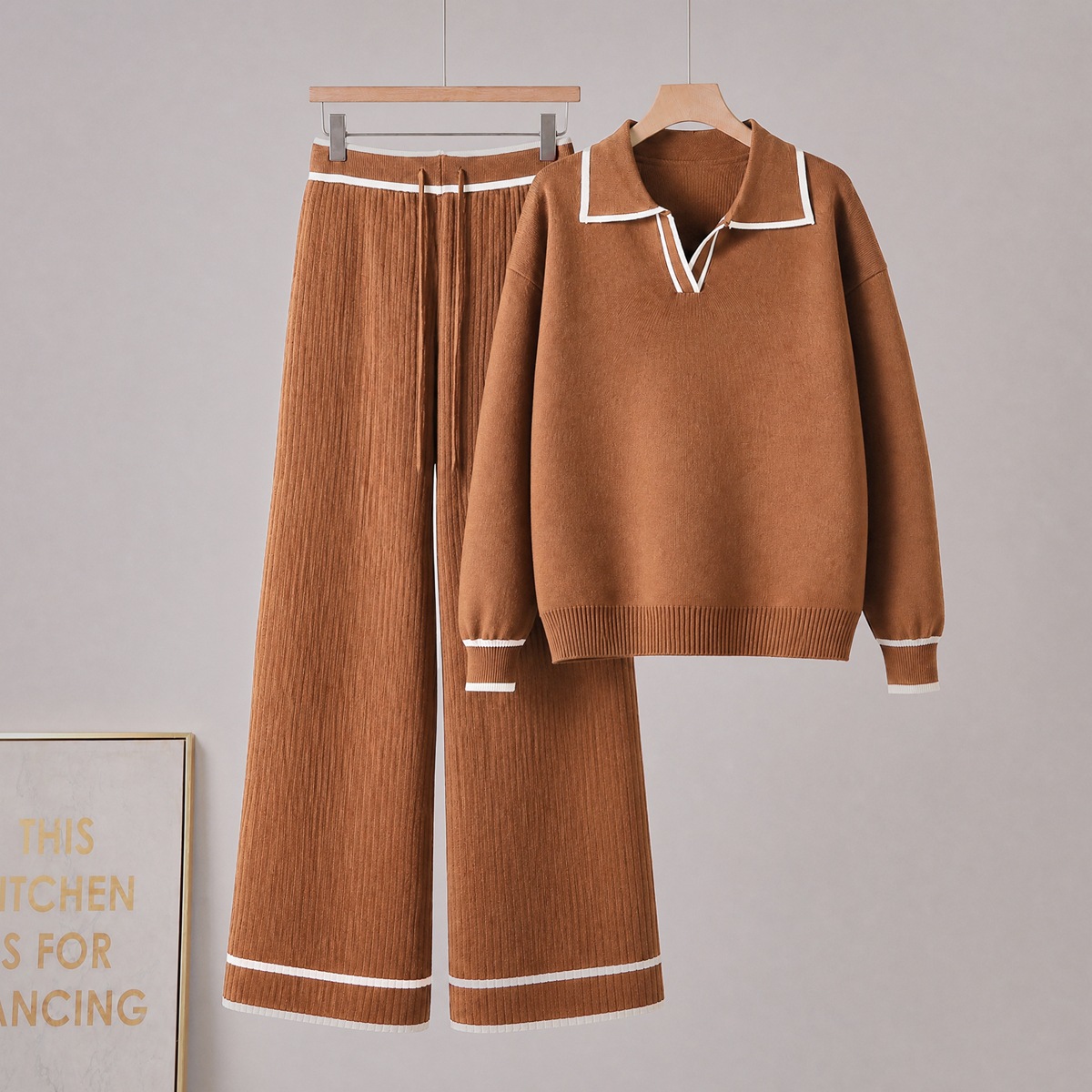 Cross border Amazon Europe Fashion Casual Set Long Sleeve Polo Collar Wide Leg Pants Knitted Two Piece Set for Women Cross border Amazon Europe Fashion Casual Set Long Sleeve Polo Collar Wide Leg Pants Knitted Two Piece Set for Women