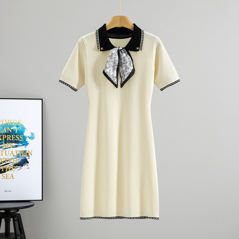 Summer 2026 French printed scarves, color blocked collars, waist cinching, slimming short sleeved knitted dresses, fashionable and tall