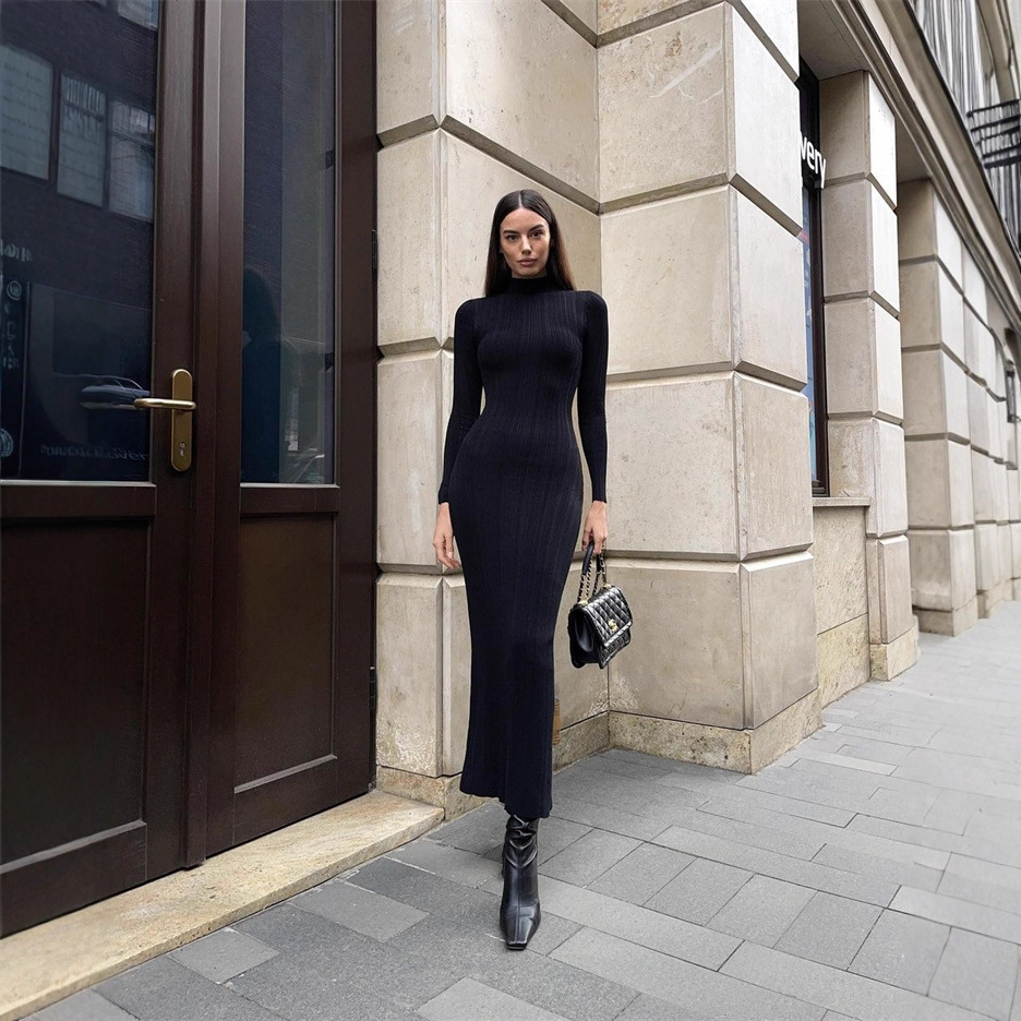 Cross border European and American knitted high neck long sleeved tight skirt autumn and winter new long skirt elegant French knitted dress for women's fashion Cross border European and American knitted high neck long sleeved tight skirt autumn and winter new long skirt elegant French knitted dress for women's fashion