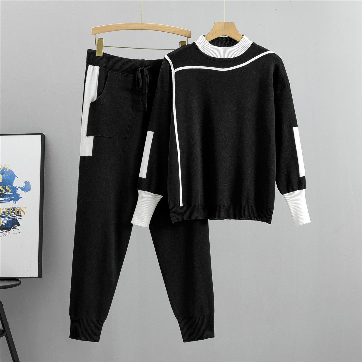 Cross border foreign trade plus size slimming fashion temperament set, women's spring and autumn leisure sports, age reducing European knitted two-piece set