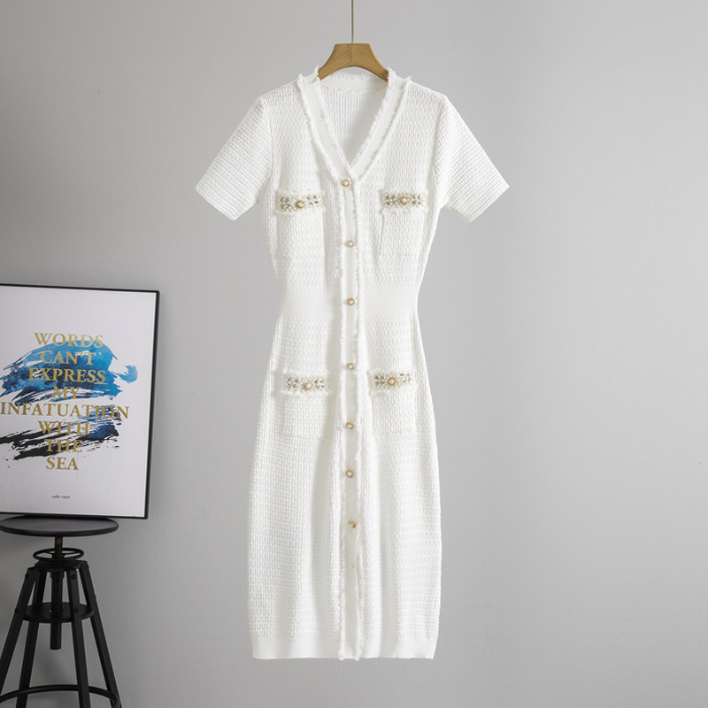 Cross border summer Japanese and Korean version women's small fragrance style V-neck short sleeved nail bead mid length skirt with waist cinching temperament knitted dress