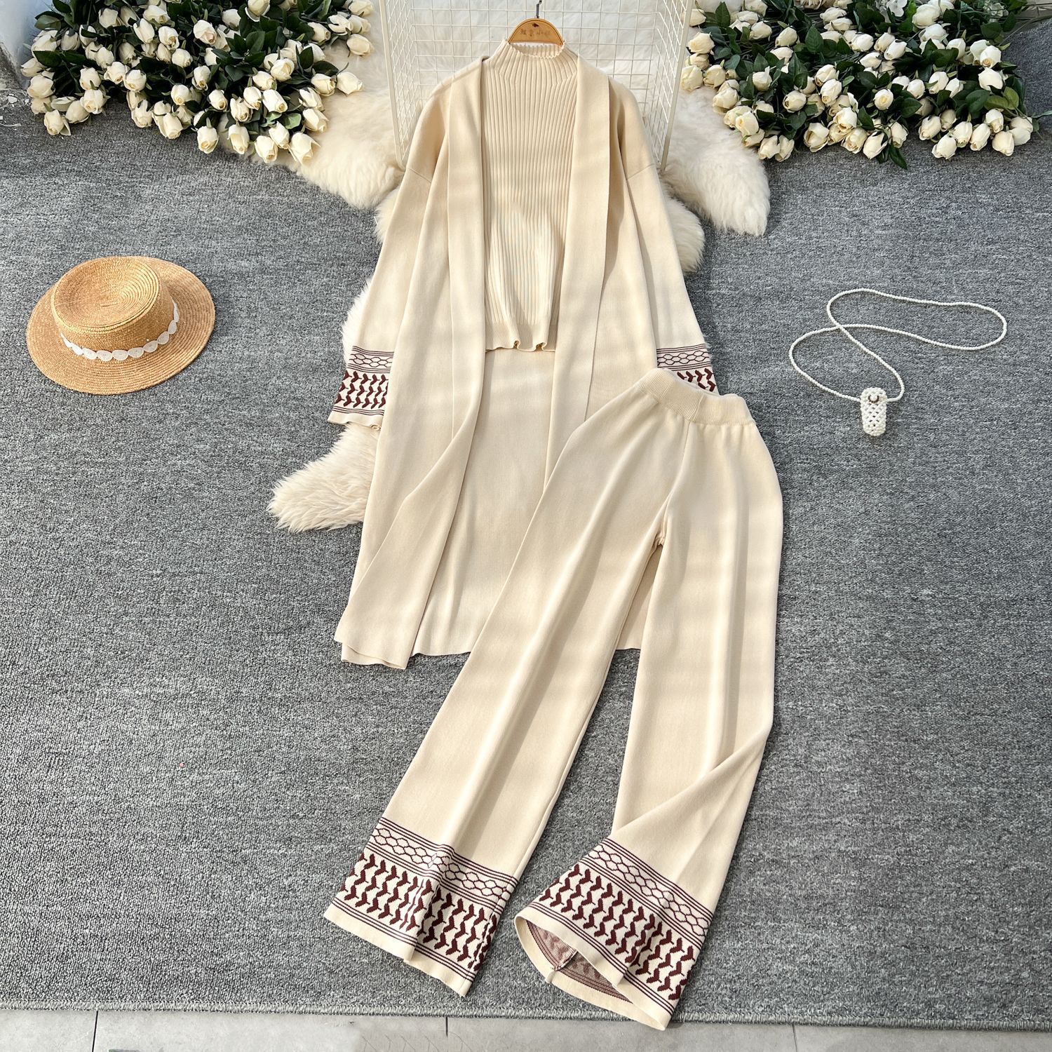 Cross border European and American jacquard casual suit women's shawl jacket+round neck base knit sweater+wide leg pants three piece set