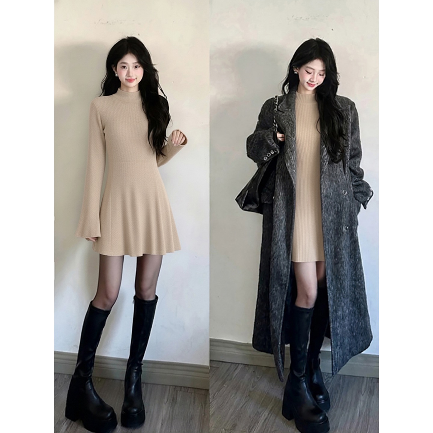 Korean black knitted dress for women in autumn and winter, short style with bottom layer, Berkeley skirt, thick black, suitable for winter wear Korean black knitted dress for women in autumn and winter, short style with bottom layer, Berkeley skirt, thick black, suitable for winter wear