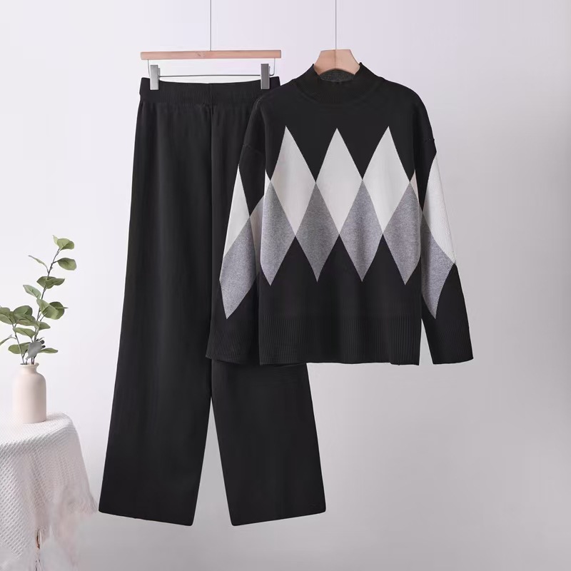 2025 Autumn New Cross border Women's Fashion Color Contrasting Diamond Grid Printed Casual Versatile Knitted Two Piece Set 2025 Autumn New Cross border Women's Fashion Color Contrasting Diamond Grid Printed Casual Versatile Knitted Two Piece Set