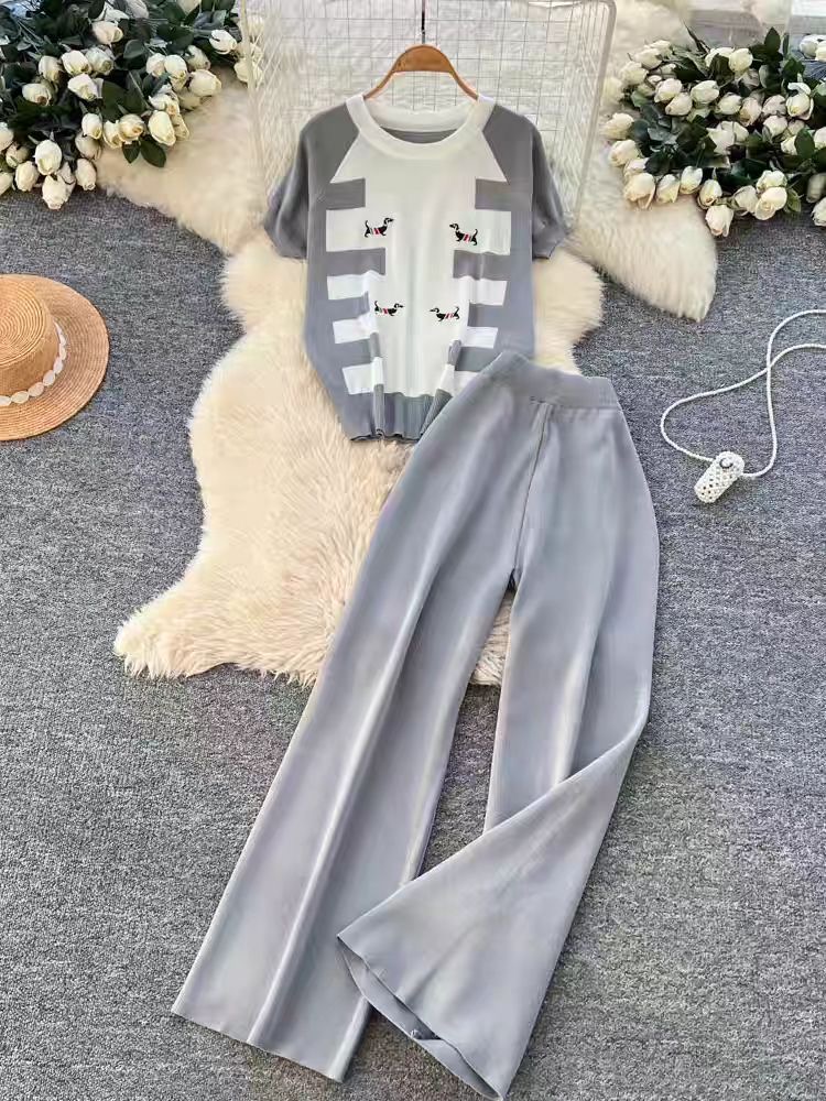 Korean commuting style embroidered puppy knitted versatile two-piece set for women's summer high waist wide leg pants slimming fashion set Korean commuting style embroidered puppy knitted versatile two-piece set for women's summer high waist wide leg pants slimming fashion set