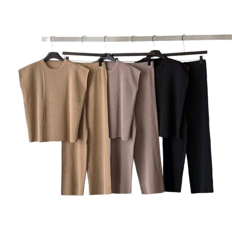 Cross border fashion knitted summer suit women's solid color extremely simple style sleeveless vest top casual high waisted wide leg pants Cross border fashion knitted summer suit women's solid color extremely simple style sleeveless vest top casual high waisted wide leg pants