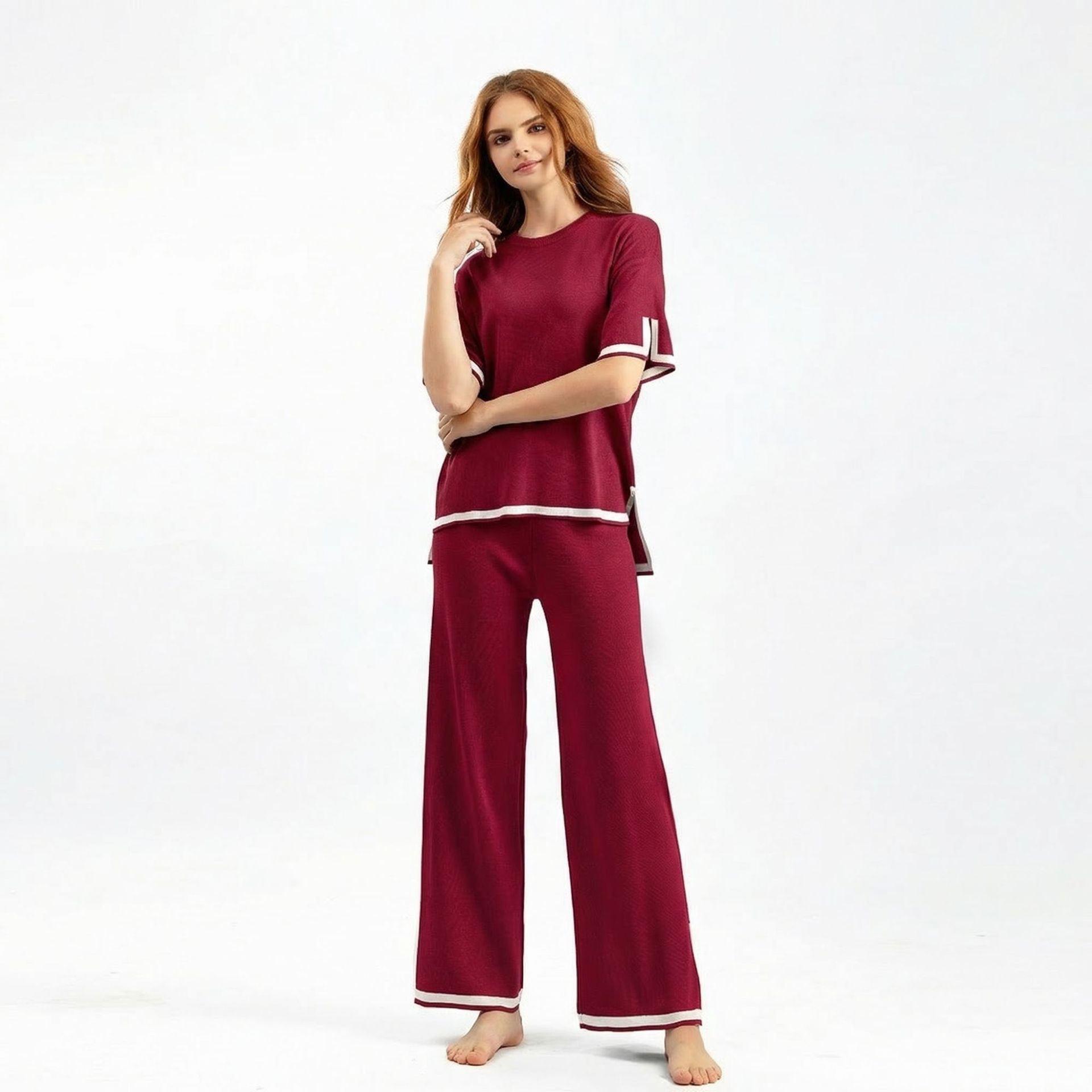 Cross border fashion suit temperament contrasting color split short sleeved sweater+ Waist slimming wide leg pants long pants two-piece set for women