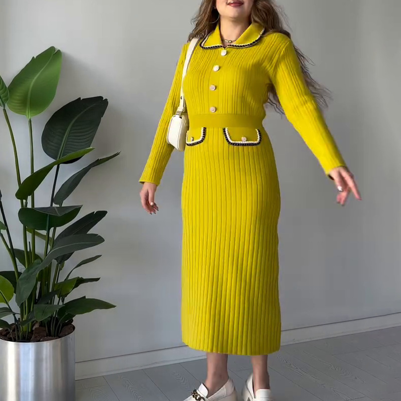 Foreign trade high-end temperament woven doll collar dress for women autumn and winter long sleeved knitted elastic waist with elegant fish tail Foreign trade high-end temperament woven doll collar dress for women autumn and winter long sleeved knitted elastic waist with elegant fish tail