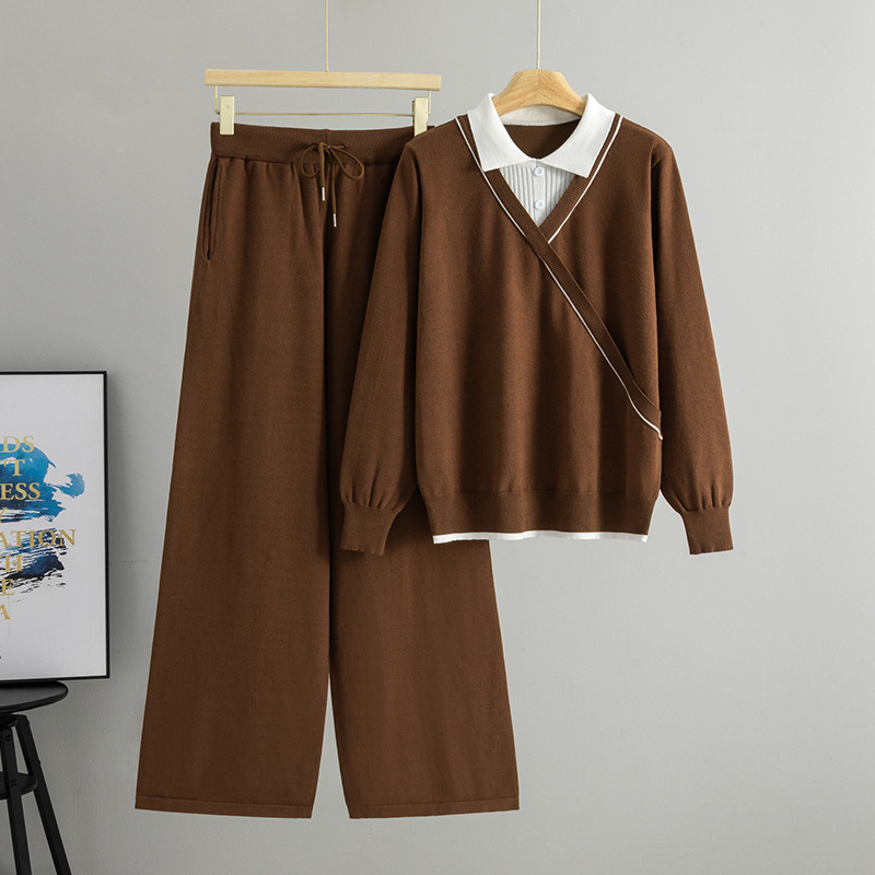 Cross border women's autumn and winter new item fake two-piece set, women's lapel splicing color blocking sweater, stylish anti-aging wide leg pants