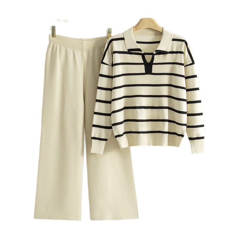 Cross border foreign trade contrasting striped V-neck niche design knitted sweater high waist wide leg pants two-piece set elegant temperament for women Cross border foreign trade contrasting striped V-neck niche design knitted sweater high waist wide leg pants two-piece set elegant temperament for women