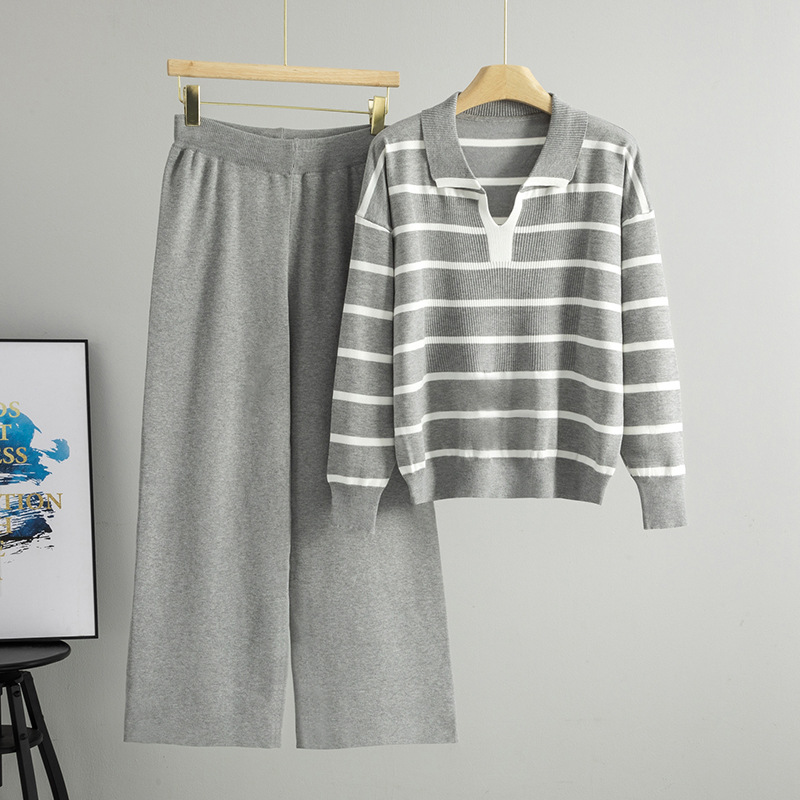 Cross border foreign trade contrasting striped V-neck niche design knitted sweater high waist wide leg pants two-piece set elegant temperament for women Cross border foreign trade contrasting striped V-neck niche design knitted sweater high waist wide leg pants two-piece set elegant temperament for women