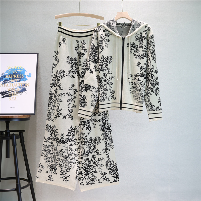 Cross border European Station 2026 Spring and Autumn Small Fragrant Style Fashion Knitted Set Women's Hooded Sweater Wide Leg Pants Two Piece Set Trendy