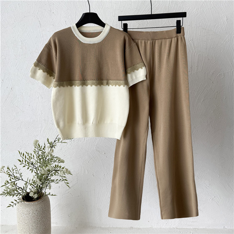 Summer Fashion Set Women's Short Sleeve Round Neck Color blocked Knitted Top Wide Leg Pants Style Versatile and Look Thin Two Piece Set