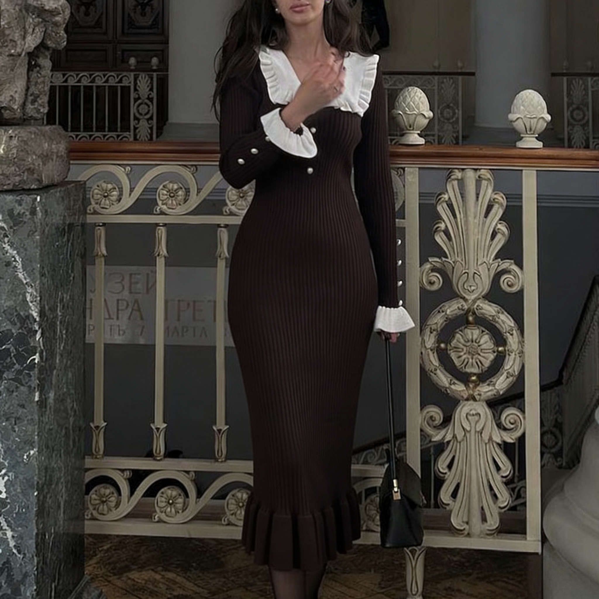 Lotus leaf edge dress knitted skirt autumn and winter new woolen dress 2023 retro lady European and American cross-border French skirt for women Lotus leaf edge dress knitted skirt autumn and winter new woolen dress 2023 retro lady European and American cross-border French skirt for women