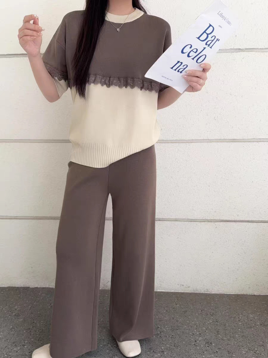 Cross border Knitted Shirt Summer Short Sleeve New Korean Edition Reduced Age Lace Hook and Flower Splicing Round Neck Hoodie Loose Knitted Set Cross border Knitted Shirt Summer Short Sleeve New Korean Edition Reduced Age Lace Hook and Flower Splicing Round Neck Hoodie Loose Knitted Set