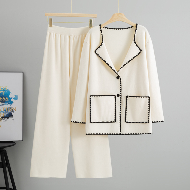 Cross border foreign trade temperament design sense contrasting striped knitted cardigan mid length jacket women's western-style loose wide leg pants Cross border foreign trade temperament design sense contrasting striped knitted cardigan mid length jacket women's western-style loose wide leg pants