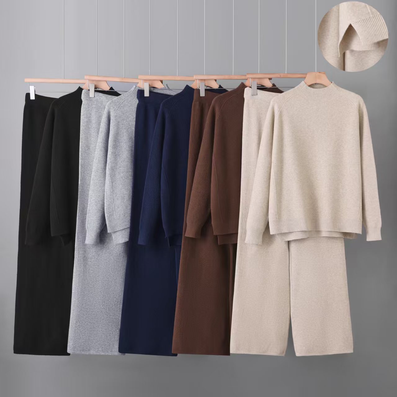 Cross border soft glutinous semi high neck knitted two-piece set 2026 women's loose fitting raglan sleeve top, hanging straight leg wide leg pants