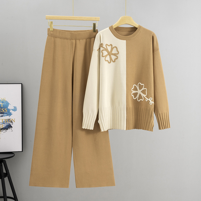 Cross border European and American style fashion suit, women's design sense, color blocked flower knitted top, wide leg pants two-piece set, spring and autumn styles