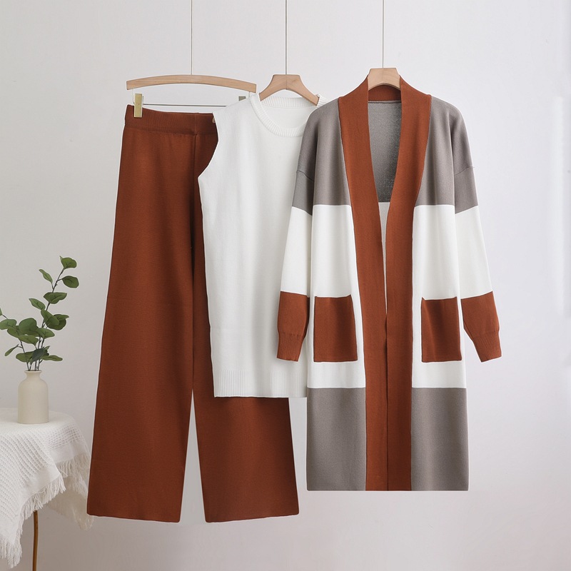 Cross border foreign trade women's clothing 2025 autumn new item European and American knitted medium long cardigan vest wide leg pants three piece set Cross border foreign trade women's clothing 2025 autumn new item European and American knitted medium long cardigan vest wide leg pants three piece set
