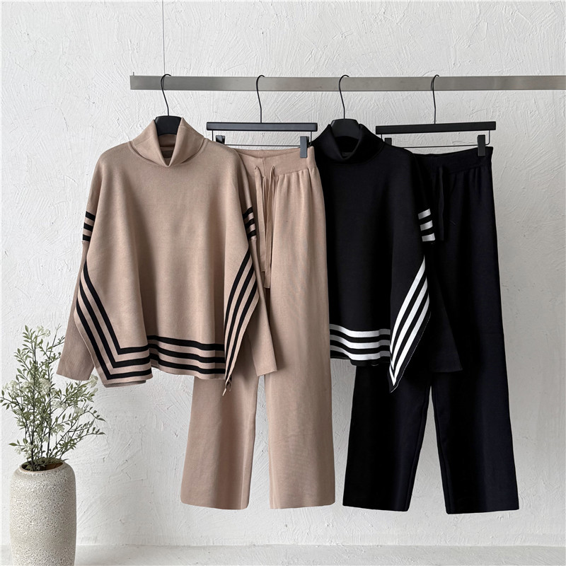 2026 Cross border Independent Station European and American Foreign Trade Autumn/Winter Women's High Collar Knitted Bottom Cardigan Striped Sweater Two Piece Set