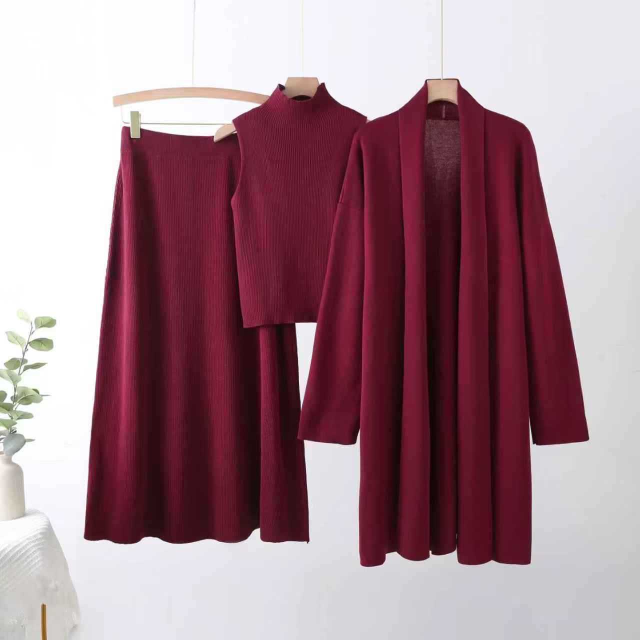 Cross border autumn new lazy loose knit suit women's long shawl cardigan high neck sweater half skirt three piece set