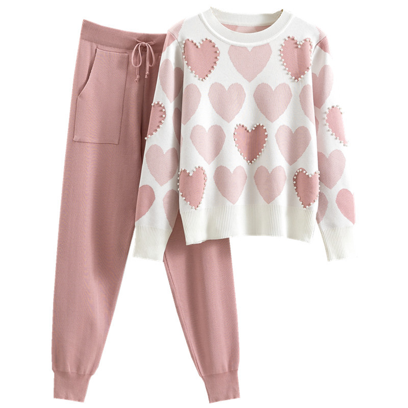 European Station Spring and Autumn New Girl Fashion Love Jacquard Knitted Set European Products Nail Bead Sweater Two Piece Set Trendy European Station Spring and Autumn New Girl Fashion Love Jacquard Knitted Set European Products Nail Bead Sweater Two Piece Set Trendy