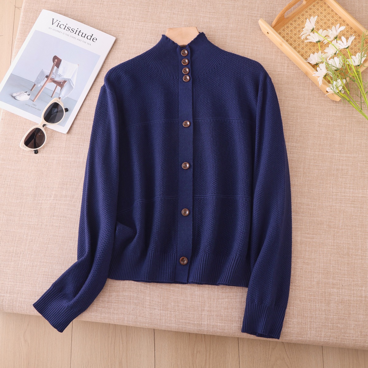 Half high neck gray long sleeved sweater knitted button cardigan jacket for women 2026 winter new atmospheric top Half high neck gray long sleeved sweater knitted button cardigan jacket for women 2026 winter new atmospheric top