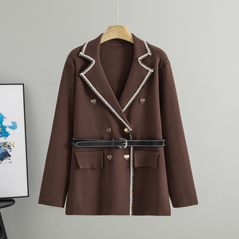 Spring 2026 new cross-border fashion suit collar knitted cardigan with feminine temperament, double breasted waist cinching and slimming jacket