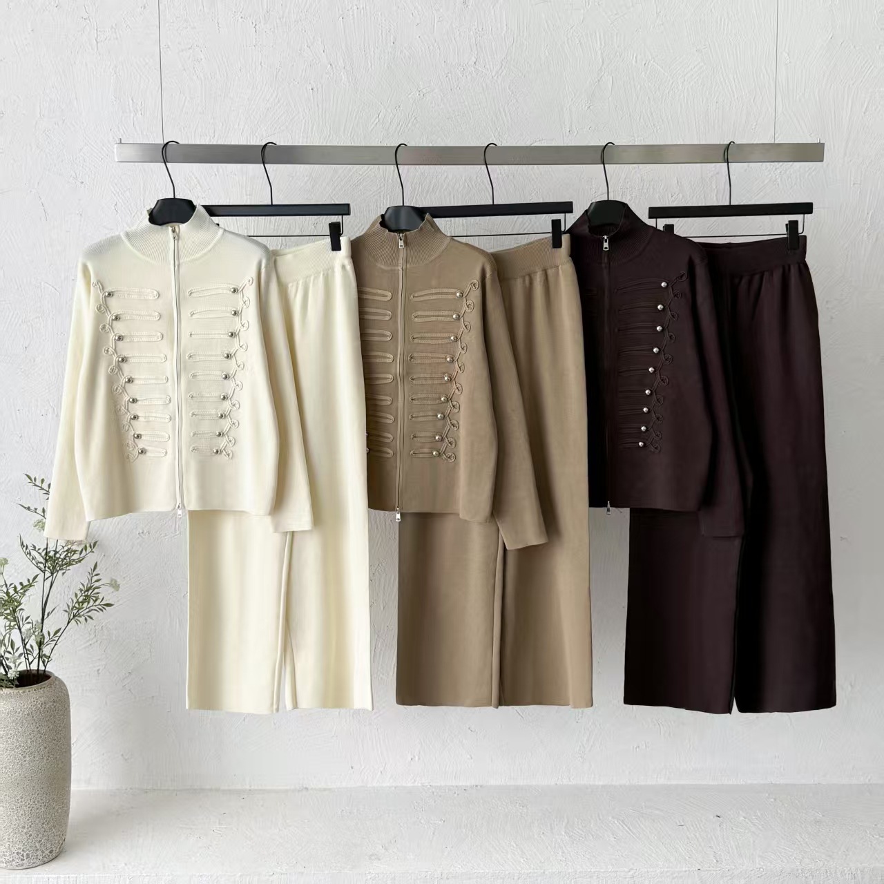 Cross border Heavy Industry Nail Bead Knitted Two Piece Set Women's Stand Collar Zipper cardigan High Waist Wide Leg Pants Set