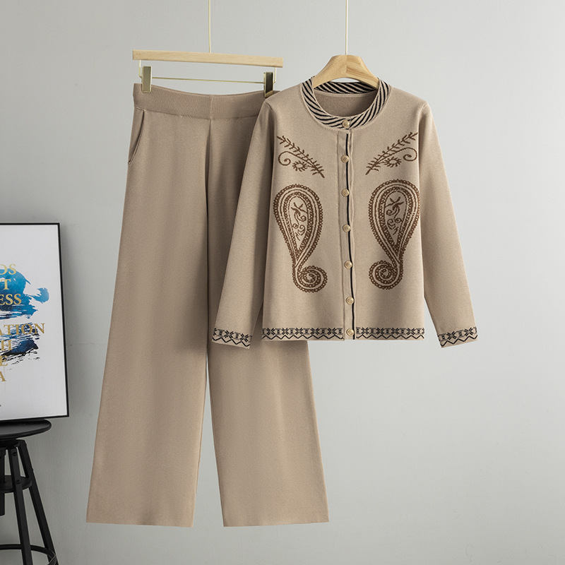 Fashion casual suit for women, retro jacquard chic long sleeved knitted sweater, cardigan jacket, women's wide leg pants, spring and autumn styles