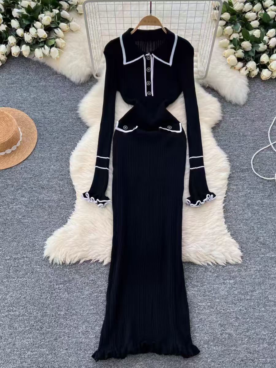 French retro small fragrant style dress, women's fashion contrasting color lapel long sleeved slim fit knit skirt, knee length long skirt French retro small fragrant style dress, women's fashion contrasting color lapel long sleeved slim fit knit skirt, knee length long skirt