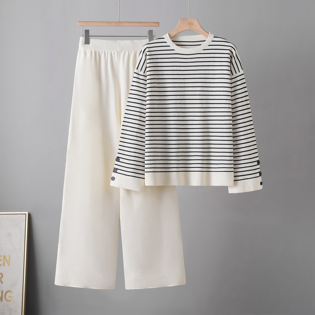 Cross border set women's new autumn and winter women's clothing Korean version striped top casual wide leg pants fashionable temperament two-piece set women Cross border set women's new autumn and winter women's clothing Korean version striped top casual wide leg pants fashionable temperament two-piece set women