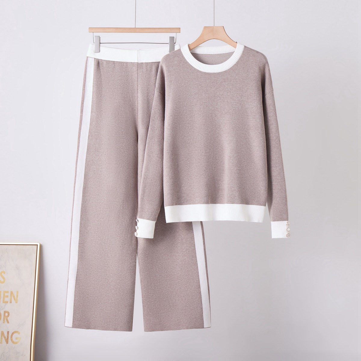 Cross border foreign trade solid color temperament knitted two-piece round neck pocket sweater+loose casual wide leg pants set for women