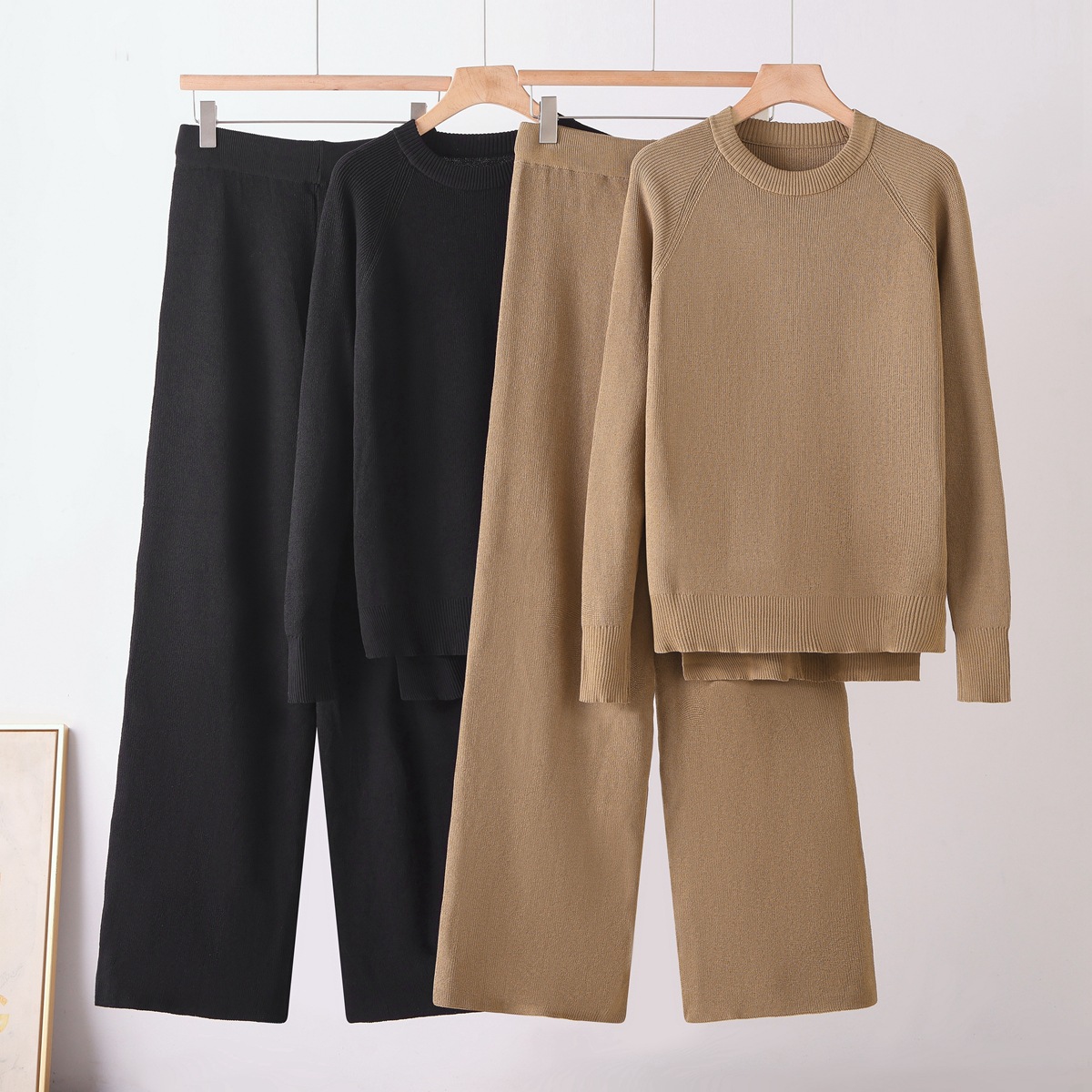 Cross border winter new thick sweater set for women, loose knit long sleeved round neck fashionable wide leg pants two-piece set for women Cross border winter new thick sweater set for women, loose knit long sleeved round neck fashionable wide leg pants two-piece set for women