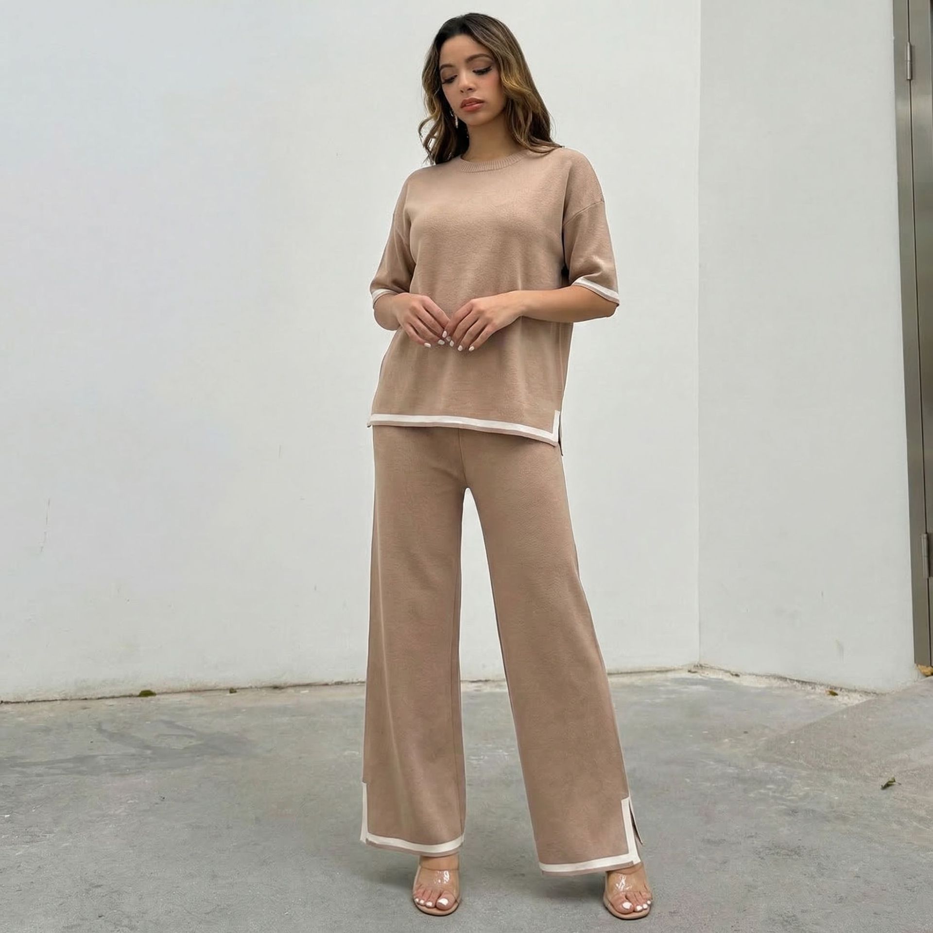 Cross border fashion suit temperament contrasting color split short sleeved sweater+ Waist slimming wide leg pants long pants two-piece set for women Cross border fashion suit temperament contrasting color split short sleeved sweater+ Waist slimming wide leg pants long pants two-piece set for women