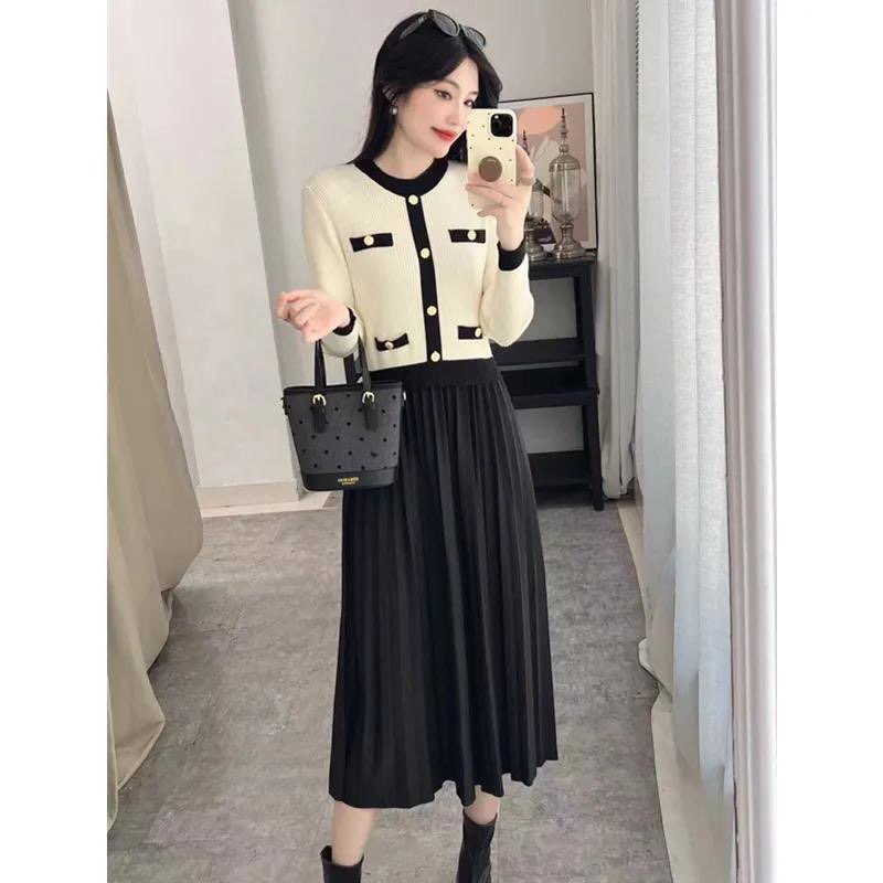 Korean New Year Red Knitted Dress Autumn Winter New Mid to Long Length Fake Two Piece Splicing Inner Long Sleeve Skirt