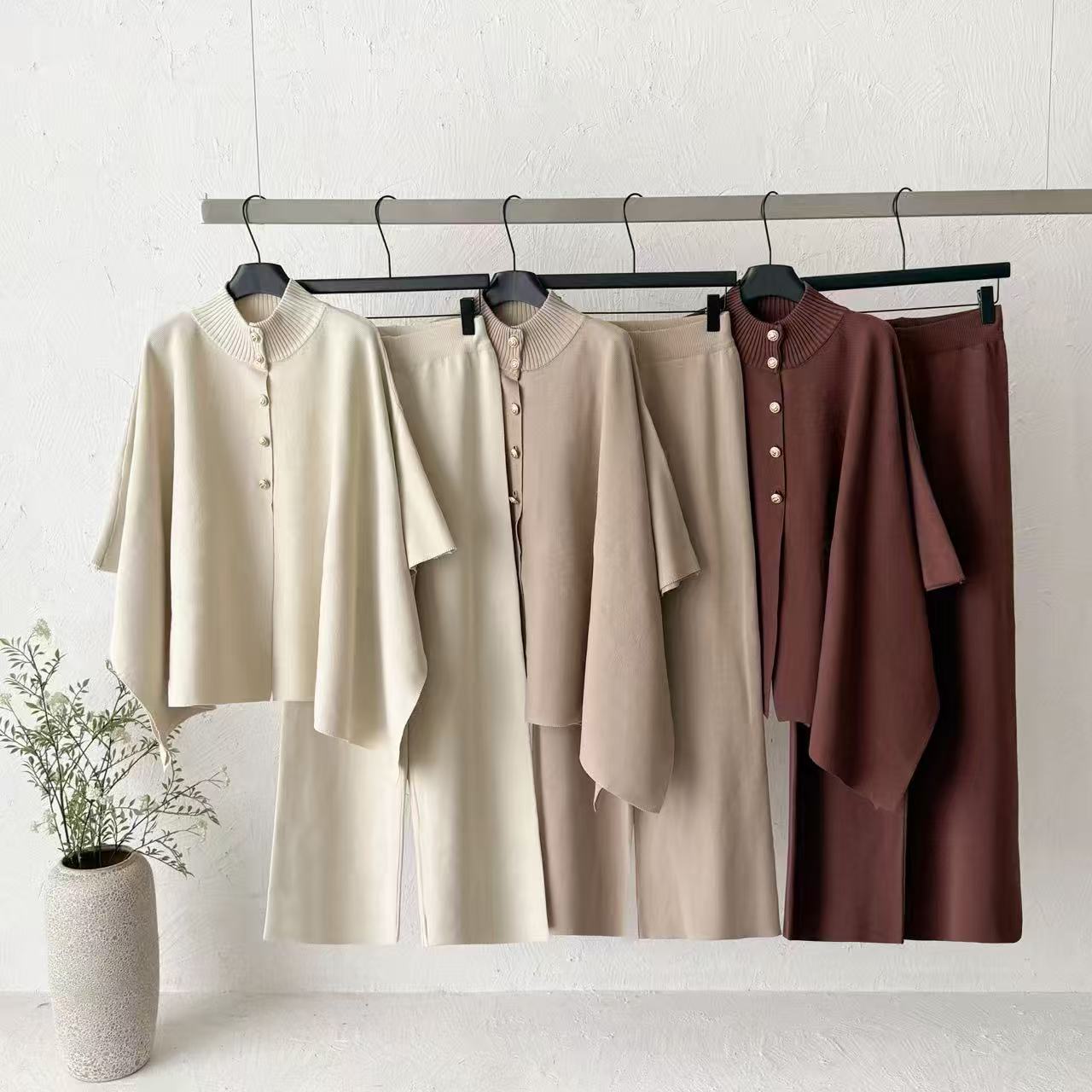 Cross border semi high neck cape knitted suit with feminine temperament, single breasted shawl top, high waist hanging feeling, wide leg pants, two pieces