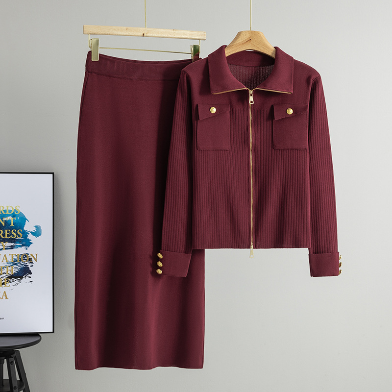 European and American cross-border high-end knitted suit, feminine temperament, lapel zipper, short cardigan, top, skirt two-piece set
